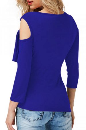 Ярко-синяя блуза с асимметричным вырезом и драпировкой