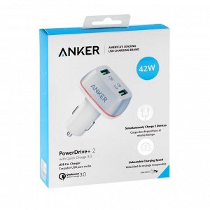 Автомобильное зарядное устройство Anker PowerDrive+ 2, 2 USB, 5.1 А, быстрая зарядкка, белое