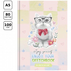 Скетчбук 80л., А5 7БЦ BG ""Котик с бантиком"", матовая ламинация, 100г/м2, белый блок с градиентом