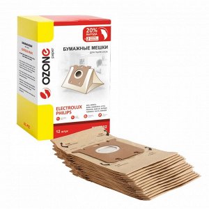 XXL-P02 Мешки-пылесборники Ozone бумажные для пылесоса ELECTROLUX, PHILIPS, 12 шт + 2 микрофильтра