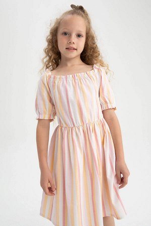 Платье средней посадки с короткими рукавами в полоску из хлопка и льна для девочек
