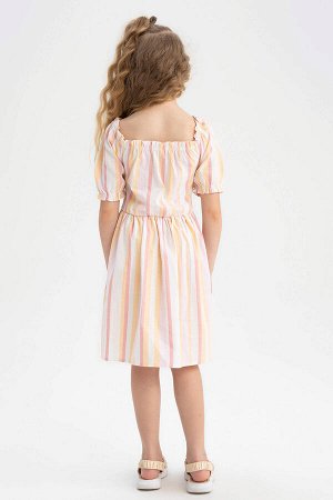 Платье средней посадки с короткими рукавами в полоску из хлопка и льна для девочек