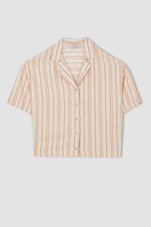 Рубашка с коротким рукавом из смесового льна в полоску с воротником пижамы Relax Fit