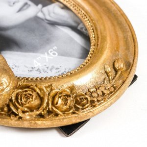 Фоторамка полистоун 10х15 см овальная "Золотая птичка и розы" золото 20х15,5 см