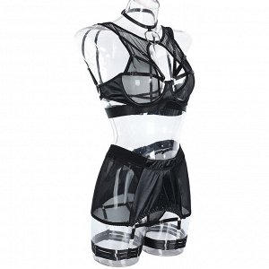 Женский комплект белья: бюстгальтер + трусы + юбка с подвязками+ гартеры + чокер, цвет черный