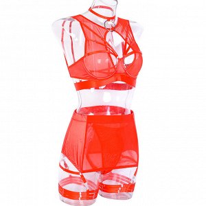 Женский комплект белья: бюстгальтер + трусы + юбка с подвязками+ гартеры + чокер, цвет красный