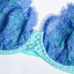 Женский кружевной комплект белья: бюстгальтер + трусы + пояс с подвязками для чулок, цвет голубой/синий