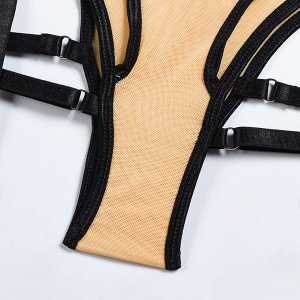 Женский комплект белья: бюстгальтер + высокие трусы с подвязками для чулок, цвет бежевый/черный