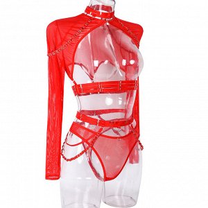 Женский комплект белья из сеточки: топ с длинными рукавами, с открытой грудью + трусы + пояс + чокер, цвет красный