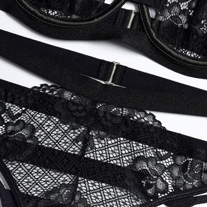 Женский комплект белья: бюстгальтер + трусы с подвязками для чулок и с гартерами, цвет черный