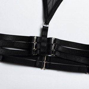 Женский комплект белья из сеточки: топ с длинными рукавами, с открытой грудью + трусы + пояс + чокер, цвет черный