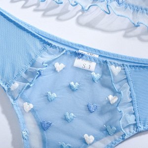 Женский комплект белья: бюстгальтер-топ + трусы, вышивка сердечки, цвет голубой