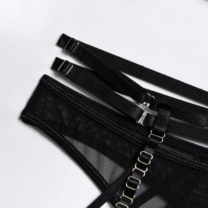 Женский комплект белья из сеточки: топ с длинными рукавами, с открытой грудью + трусы + пояс + чокер, цвет черный