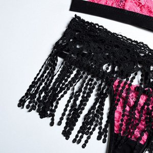 Женский кружевной комплект белья: бюстгальтер + трусы + пояс-юбка, цвет розовый/черный