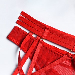 Женский комплект белья: бюстгальтер + трусы + пояс с гартерами + чокер, цвет красный