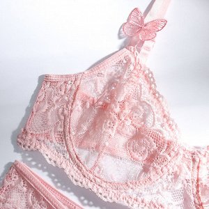 Женский комплект белья с вышивкой цветы: бюстгальтер + трусы, цвет светло-розовый