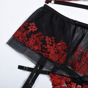 Женский кружевной комплект белья: бюстгальтер + трусы + пояс-юбка с гартерами, цвет черный/красный