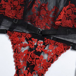 Женский кружевной комплект белья: бюстгальтер + трусы + пояс-юбка с гартерами, цвет черный/красный
