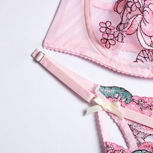 Женский комплект белья с вышивкой цветы: бюстгальтер + трусы, цвет розовый
