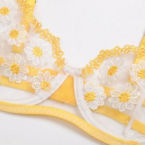 Женский комплект белья с вышивкой цветы: бюстгальтер + трусы, цвет желтый