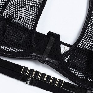Женский комплект белья из сеточки: бюстгальтер + трусы с подвязками с гартерами, цвет черный