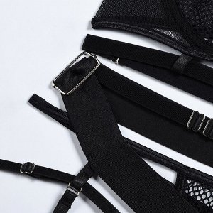 Женский комплект белья из сеточки: бюстгальтер + трусы с подвязками с гартерами, цвет черный