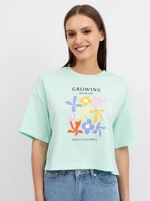 Укороченная хлопковая футболка оверсайз в ментоловом цвете