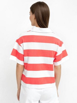 Укороченная футболка с воротником в широкую бело-коралловую полоску