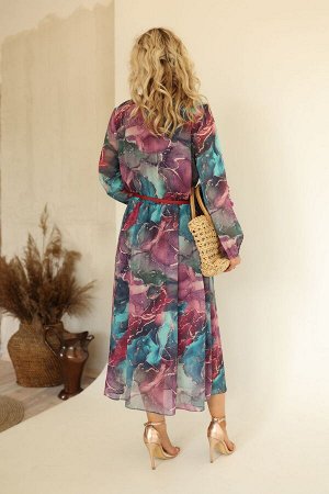 Платье Платье AMORI 9568 розовый/бирюзовый 
Состав: ПЭ-100%;
Сезон: Лето

Шифоновое платье на подкладке с застежкой сзади по горловинке. Талия на резиночке. Пояс в комплекте.На рост 164 см: длина изд