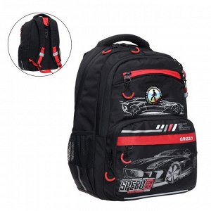 Рюкзак школьный Grizzly "Скорость", 39 х 28 х 18 см, эргономичная спинка, отделение для ноутбука, чёрный/красный