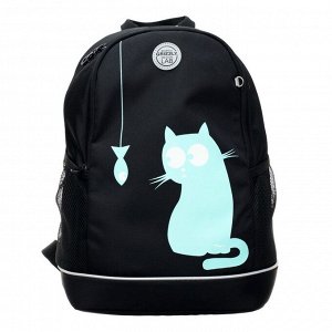 Рюкзак школьный эргономичная спинка, 38 х 28 х 18 см, отделение для ноутбука, "Кот", чёрный/мятный