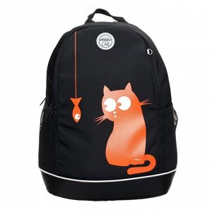 Рюкзак школьный эргономичная спинка, 38 х 28 х 18 см, отделение для ноутбука, "Кот", чёрный/оранжевый