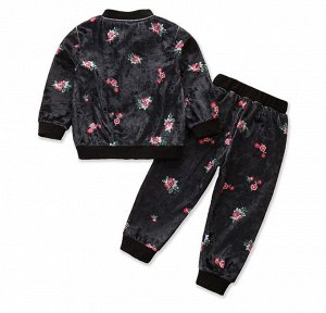 Костюм для девочек, бархатный, с цветочным принтом, кофта на молнии+штаны, цвет черный