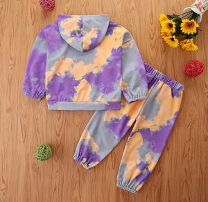 Костюм для девочек с принтом "Тай-дай", штаны+кофта с капюшоном, цвет фиолетовый/желтый/серый