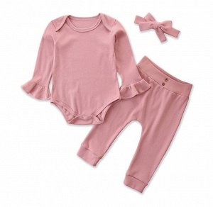 Костюм для девочек, боди+штанишки+повязка с бантиком, цвет розовый