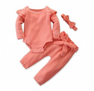 Костюм для девочек, боди+штанишки+повязка с бантиком, цвет персиковый