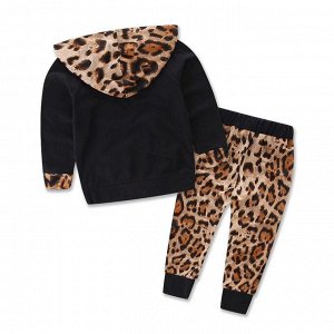 Костюм для девочек с леопардовым принтом, кофта с капюшоном + штаны, цвет коричнево-черный