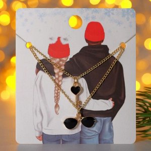 Кулоны новогодние "Неразлучники" очки и ключик, цвет чёрный в золоте, 42 см