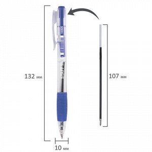 Ручка шариковая автоматическая с грипом STAFF "Basic" BPR-820, СИНЯЯ, корпус прозрачный, 0,7 мм, линия письма 0,35 мм, 142820
