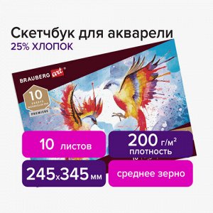 Альбом для акварели, бумага ИТАЛИЯ 200 г/м2 25% хлопок 245х345 мм, 10 л., BRAUBERG ART PREMIERE, 105911