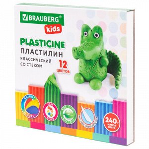 Пластилин классический BRAUBERG "KIDS", 12 цветов, 240 г, стек, ВЫСШЕЕ КАЧЕСТВО,106436