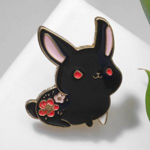 Значок "Кролик" с цветами, цвет чёрно-розовый в золоте