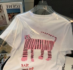 Женская футболка с короткими рукавами и розовым тигровым принтом,белый