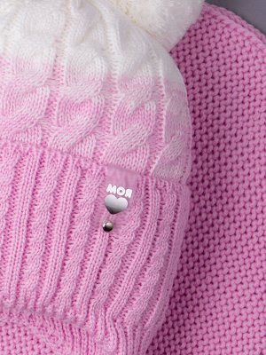 Шапка вязаная для девочки с двумя бубонами на завязках, двухцветная, МОЯ + снуд, светло-розовый