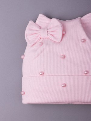 Русбубон Шапка детская с отворотом, ушки, кашкорсе, бантик и жемчуг, светло-розовый