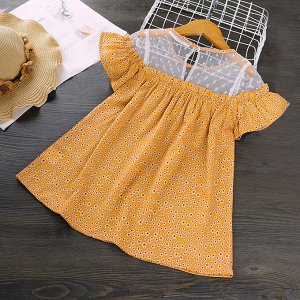 Детское платье с коротким рукавом, с сетчатой вставкой, принт "мелкие цветочки", цвет желтый