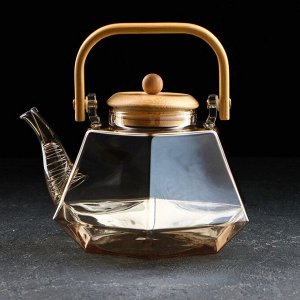 Чайник стеклянный заварочный с бамбуковой крышкой и металлическим фильтром «Октогон», 1,5 л, цвет золотой