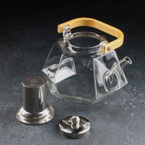 Чайник стеклянный заварочный с бамбуковой крышкой и металлическим ситом «Октогон», 1,5 л