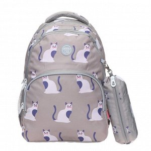 Рюкзак школьный Grizzly "Кошки на сером", 40 х 27 х 20 см, эргономичная спинка, отделение для ноутбука