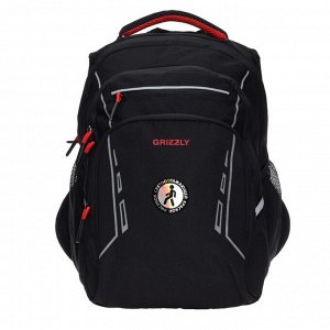 Рюкзак школьный Grizzly, 38 х 26 х 20 см, эргономичная спинка, отделение для ноутбука, чёрный/красный